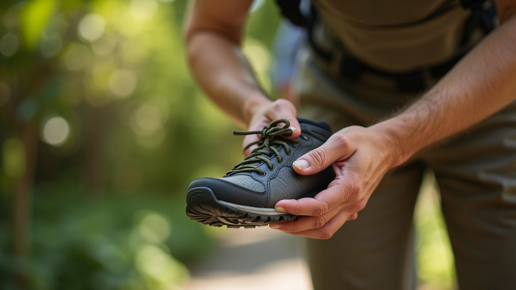 Mani che esaminano i materiali di una scarpa da passeggiata, mostrando il tessuto traspirante e la suola in primo piano