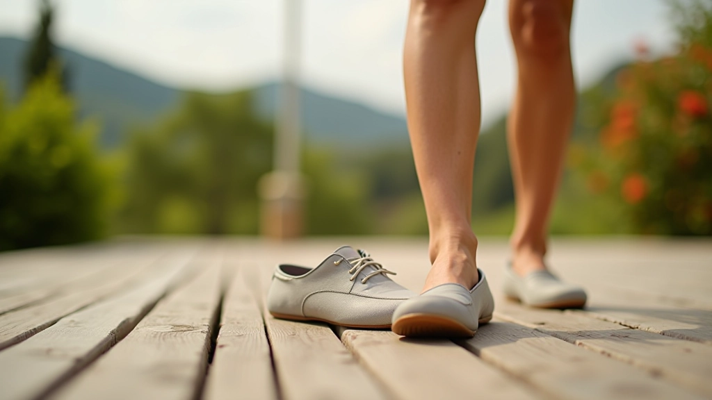 Dettaglio di scarpe da passeggiata comode su terrazza in legno con vista su paesaggio collinare