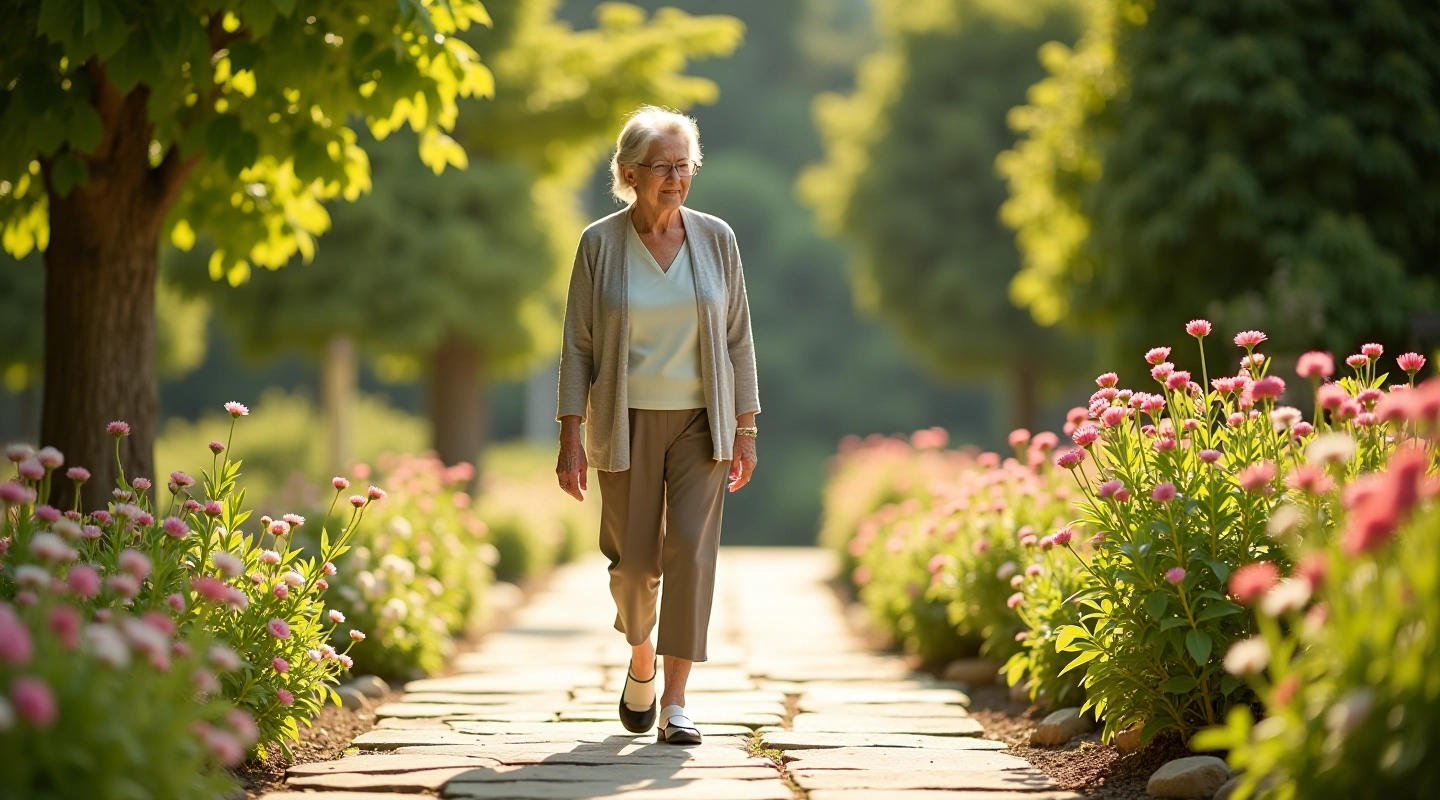 Anziana donna cammina lentamente su sentiero in pietra tra giardini fioriti di Montecatini Terme, sole pomeridiano