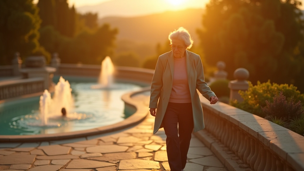 Anziana donna passeggia tranquillamente su terrazza in pietra con ringhiera, fontane termali sullo sfondo, luce del tramonto dorata