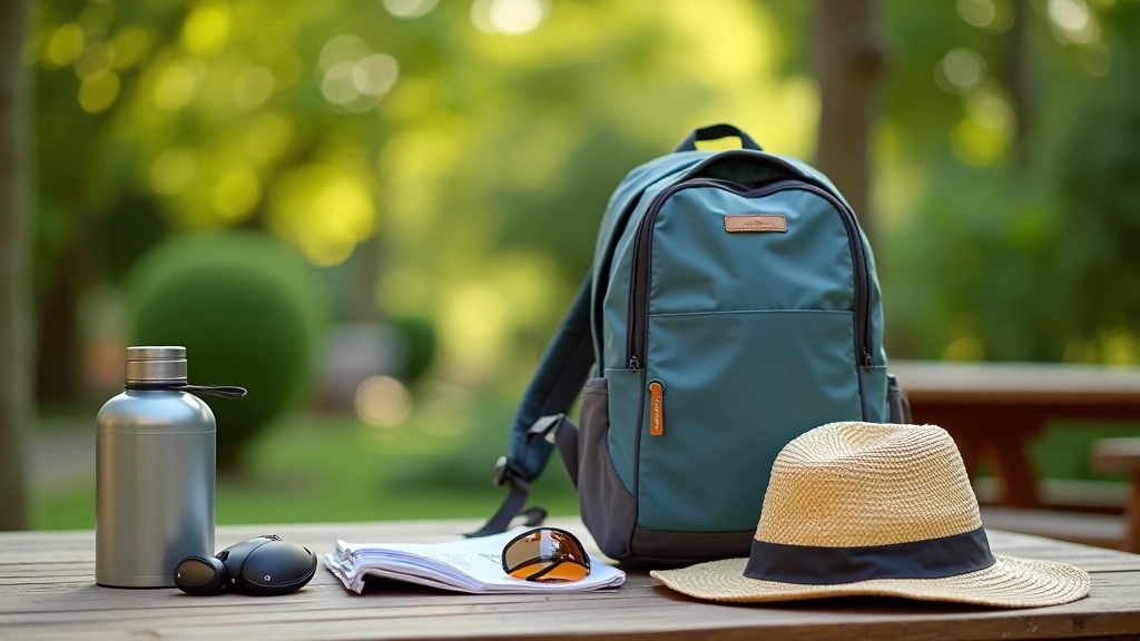 Zaino da passeggiata aperto con contenuti organizzati su tavolo, bottiglia d'acqua visibile, cappello accanto