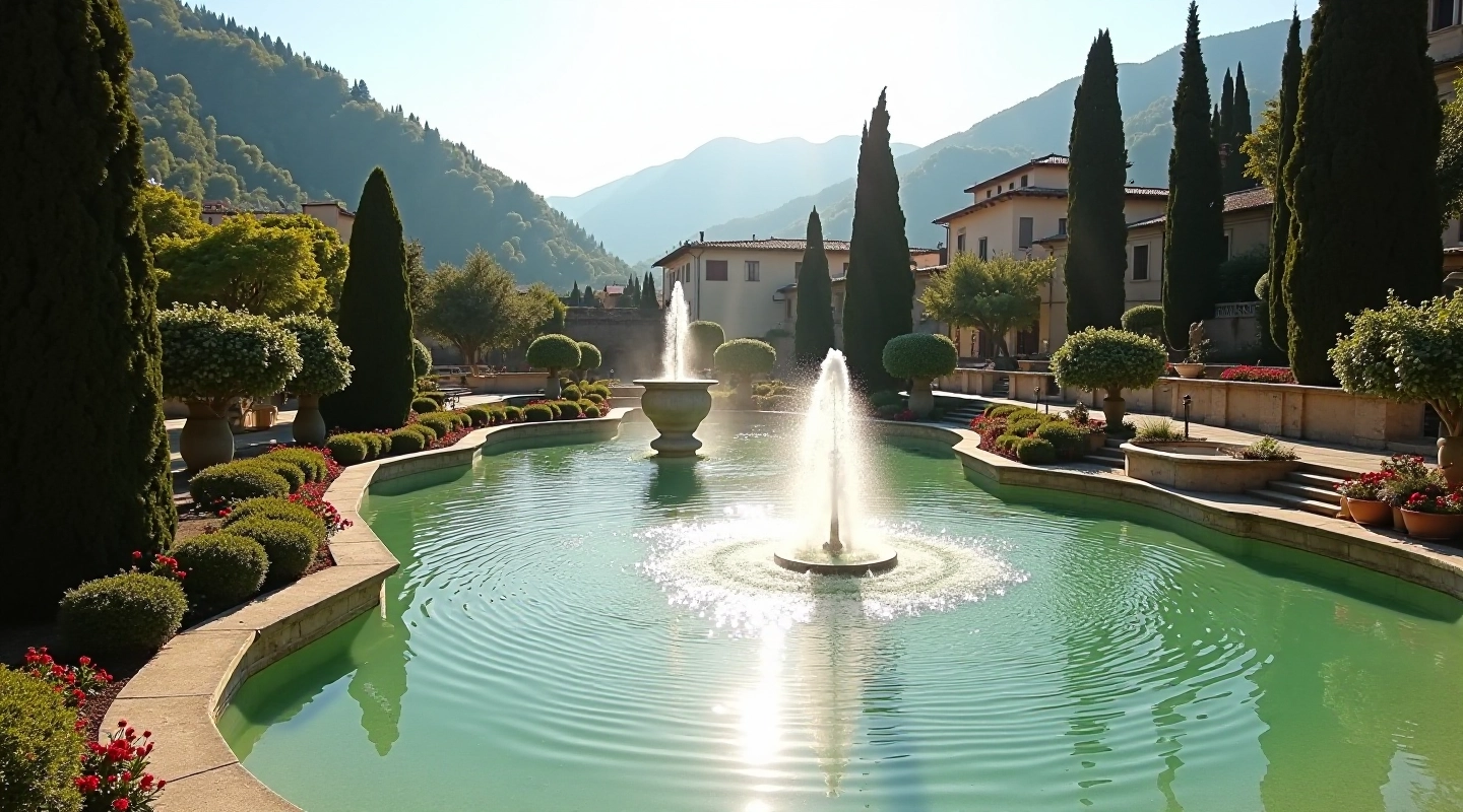 Vista panoramica delle terrazze termali di Montecatini Terme con fontane storiche e giardini all'italiana, mattina soleggiata