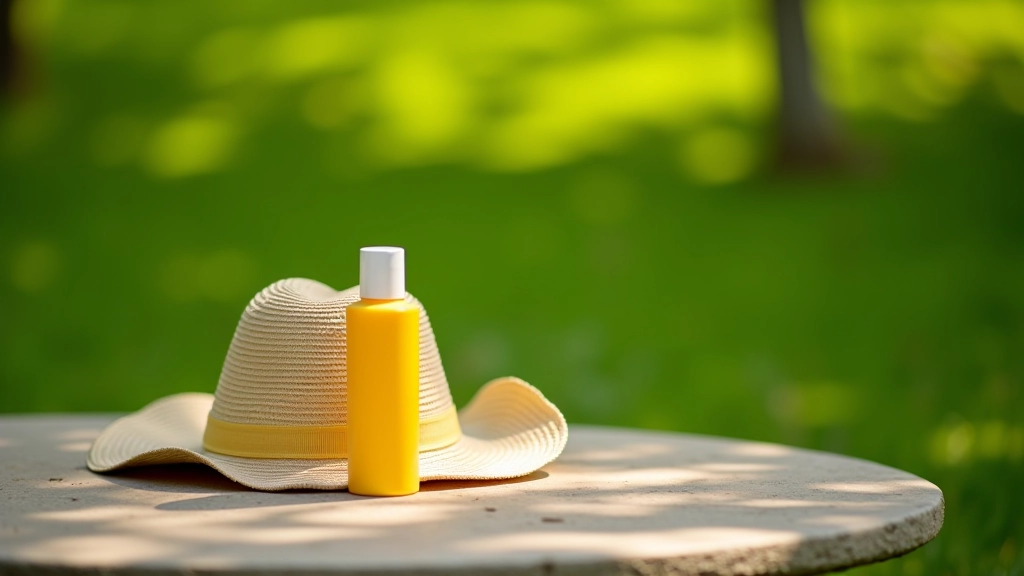 Protezione solare e cappello da sole su tavolo di pietra naturale, giardino verde sfumato, ombra di alberi