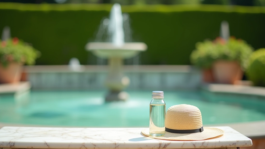 Bottiglia d'acqua e berretto estivo su panchina di marmo accanto a fontana termale, giardino all'italiana