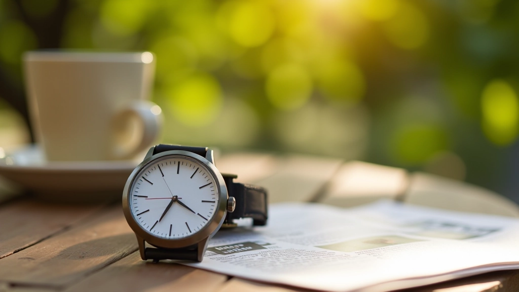 Orologio da polso mostra le 9:30 del mattino su tavolo esterno con caffè e giornale, luce naturale solare